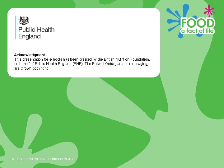 Acknowledgment This presentation for schools has been created by the British Nutrition Foundation, on