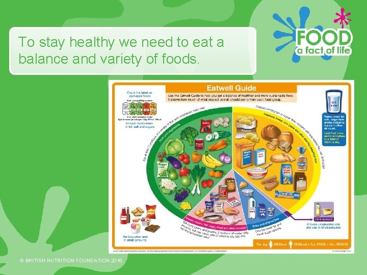 To stay healthy we need to eat a balance and variety of foods. ©