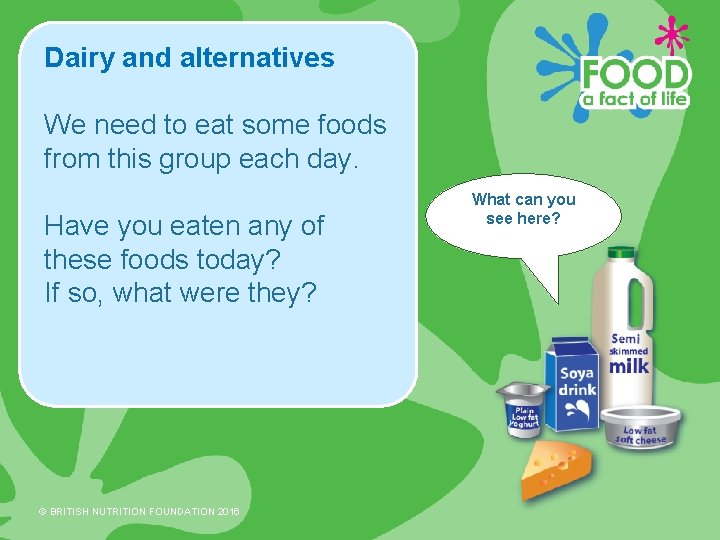 Dairy and alternatives We need to eat some foods from this group each day.