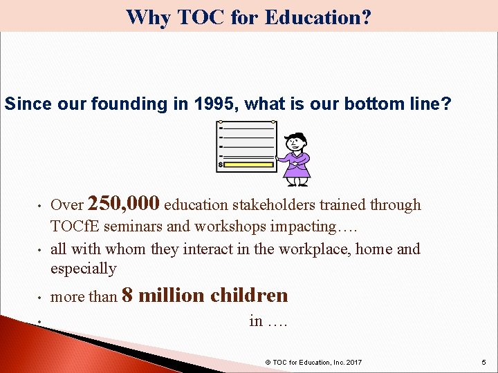 Why TOC for Education? Since our founding in 1995, what is our bottom line?