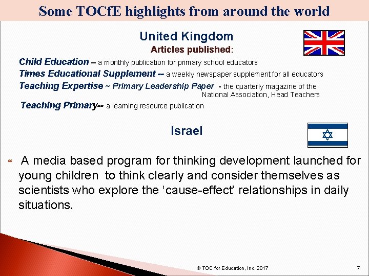 Some TOCf. E highlights from around the world United Kingdom Articles published: Child Education
