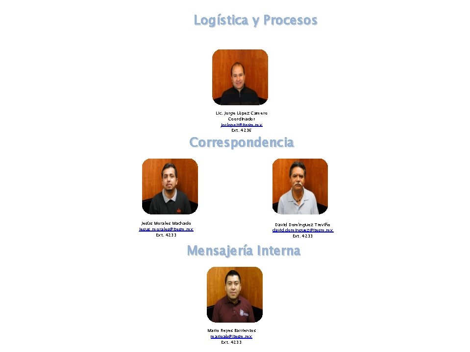 Logística y Procesos Lic. Jorge López Camero Coordinador jorlopez@itesm. mx Ext. 4236 Correspondencia Jesús Logística y Procesos Lic. Jorge López Camero Coordinador jorlopez@itesm. mx Ext. 4236 Correspondencia Jesús