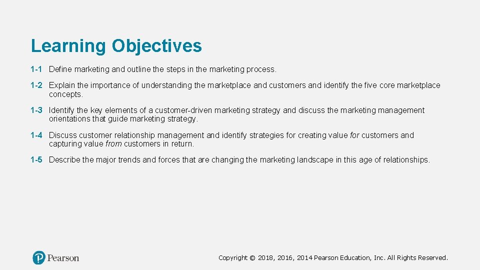 Learning Objectives 1 -1 Define marketing and outline the steps in the marketing process.