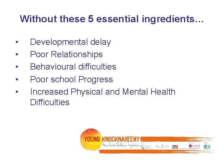 Without these 5 essential ingredients… • • • Developmental delay Poor Relationships Behavioural difficulties Without these 5 essential ingredients… • • • Developmental delay Poor Relationships Behavioural difficulties