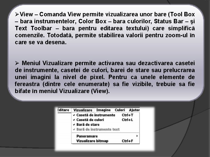 ØView – Comanda View permite vizualizarea unor bare (Tool Box – bara instrumentelor, Color