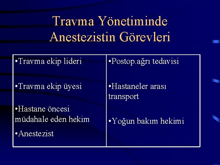 Travma Yönetiminde Anestezistin Görevleri • Travma ekip lideri • Postop. ağrı tedavisi • Travma