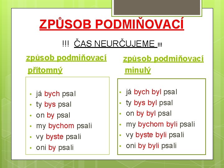 ZPŮSOB PODMIŇOVACÍ !!! ČAS NEURČUJEME !!! způsob podmiňovací minulý přítomný • • • já