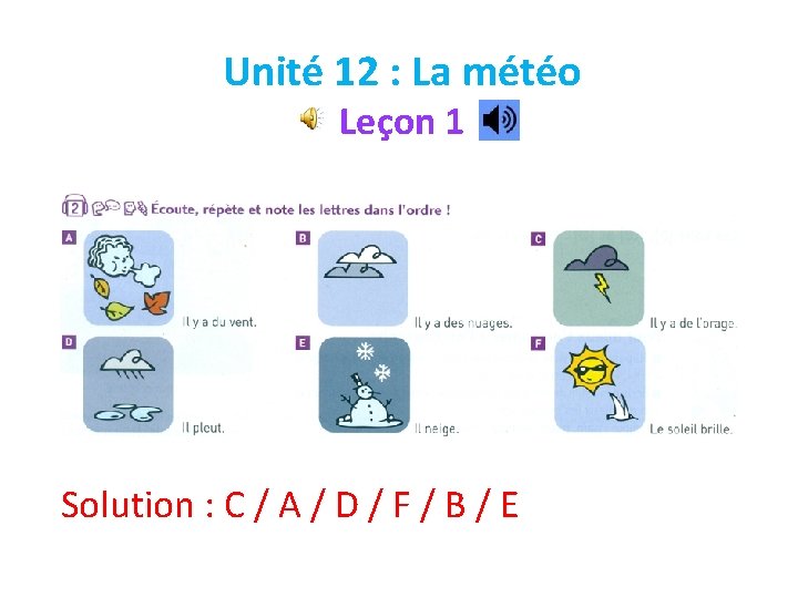 Unité 12 : La météo Leçon 1 Solution : C / A / D