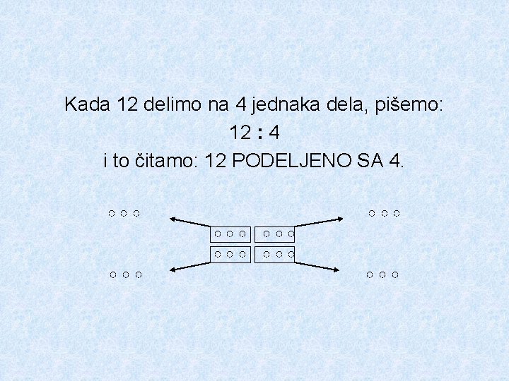 Kada 12 delimo na 4 jednaka dela, pišemo: 12 : 4 i to čitamo: