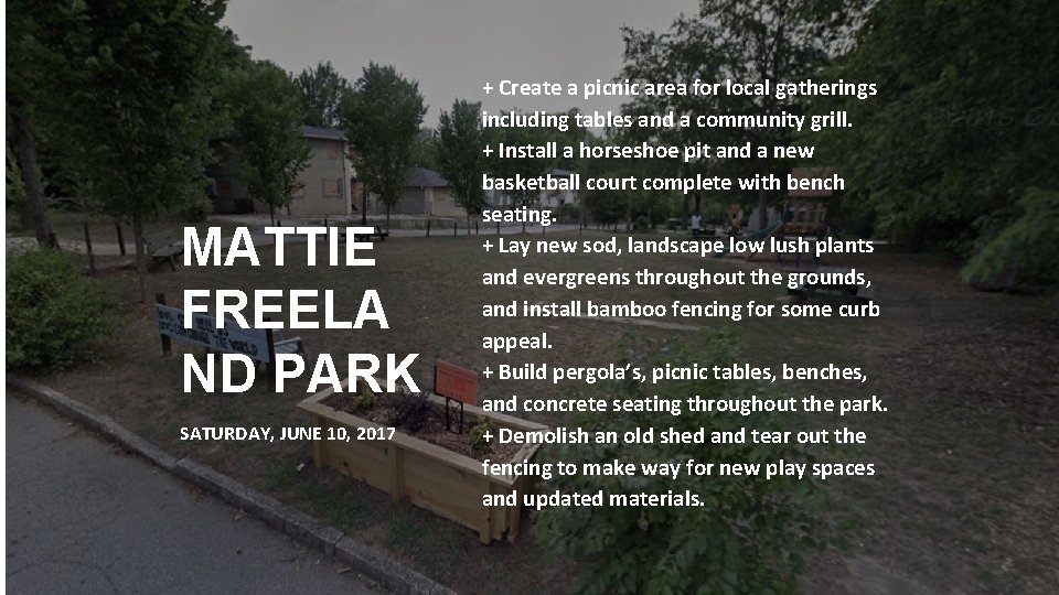 MATTIE FREELA ND PARK SATURDAY, JUNE 10, 2017 + Create a picnic area for MATTIE FREELA ND PARK SATURDAY, JUNE 10, 2017 + Create a picnic area for