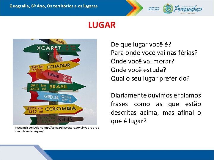 Geografia, 6º Ano, Os territórios e os lugares LUGAR De que lugar você é?