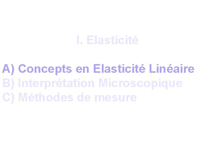 I. Elasticité A) Concepts en Elasticité Linéaire B) Interprétation Microscopique C) Méthodes de mesure