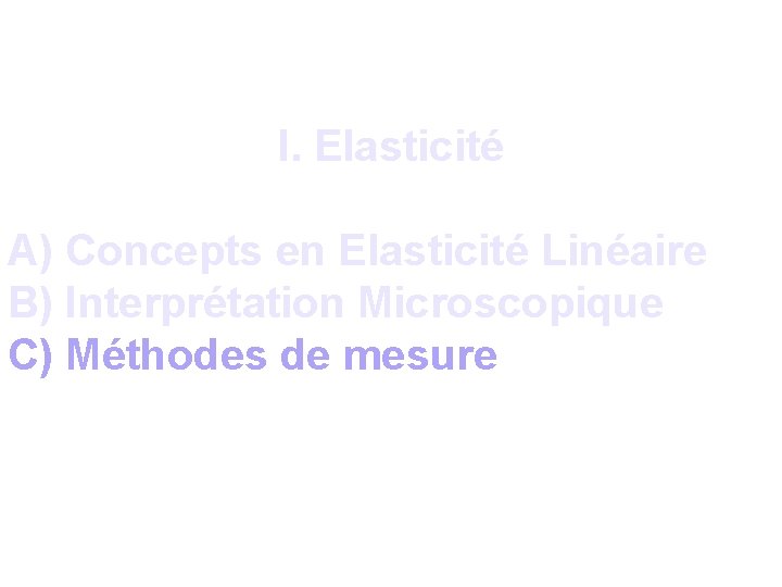 I. Elasticité A) Concepts en Elasticité Linéaire B) Interprétation Microscopique C) Méthodes de mesure