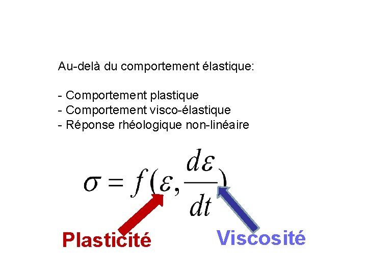 Au-delà du comportement élastique: - Comportement plastique - Comportement visco-élastique - Réponse rhéologique non-linéaire