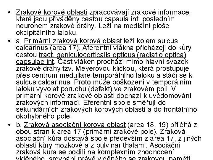  • Zrakové korové oblasti zpracovávají zrakové informace, které jsou přiváděny cestou capsula int.