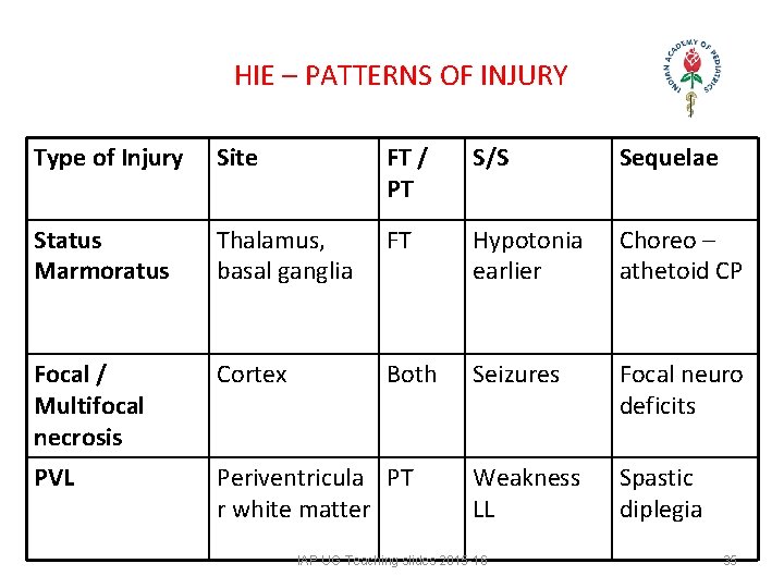 HIE – PATTERNS OF INJURY Type of Injury Site FT / PT S/S Sequelae HIE – PATTERNS OF INJURY Type of Injury Site FT / PT S/S Sequelae