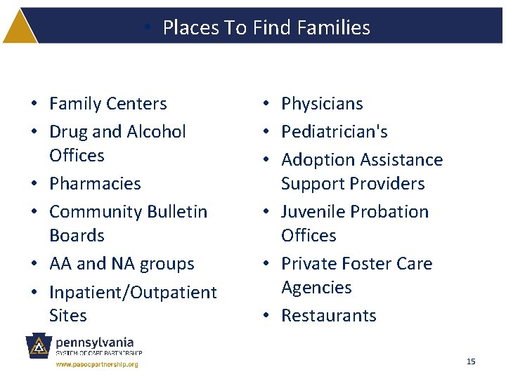  • Places To Find Families • Family Centers • Drug and Alcohol Offices