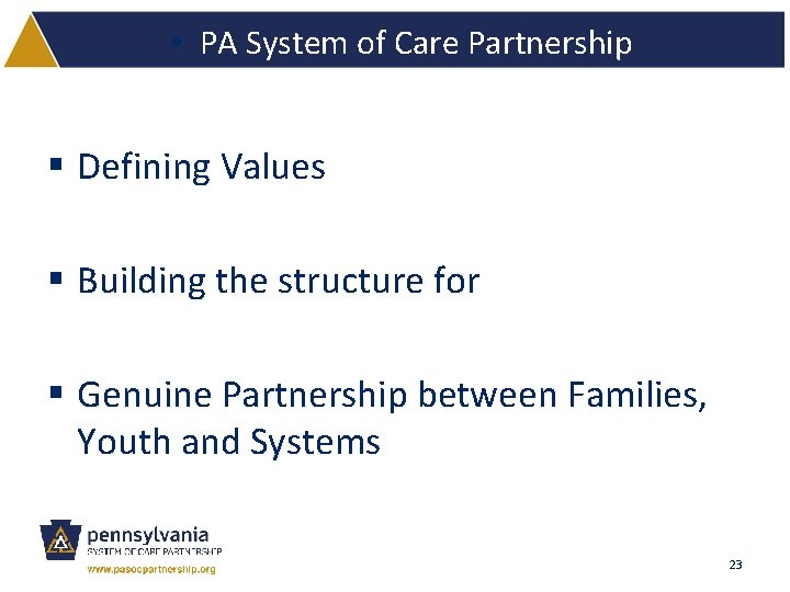  • PA System of Care Partnership § Defining Values § Building the structure