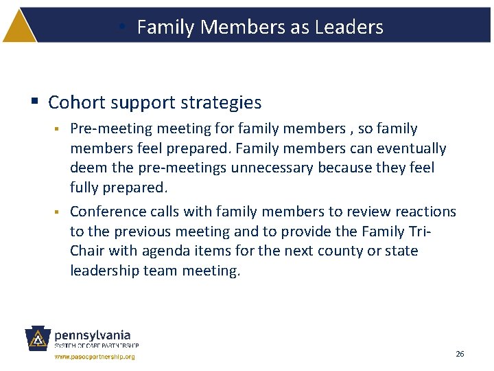  • Family Members as Leaders § Cohort support strategies § § Pre-meeting for