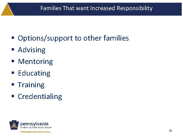 • Families That want Increased Responsibility § § § Options/support to other families