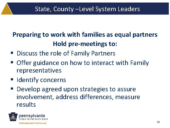  • State, County –Level System Leaders Preparing to work with families as equal