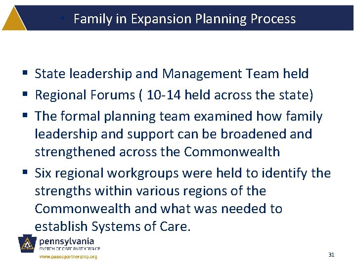  • Family in Expansion Planning Process § State leadership and Management Team held