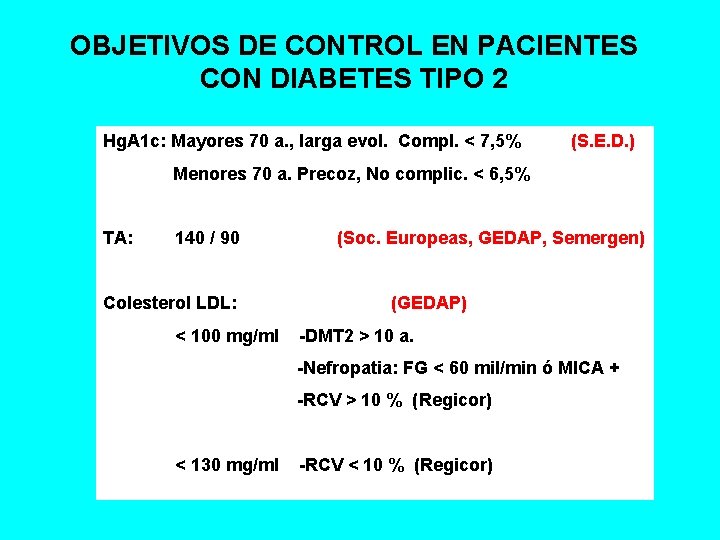 OBJETIVOS DE CONTROL EN PACIENTES CON DIABETES TIPO 2 Hg. A 1 c: Mayores