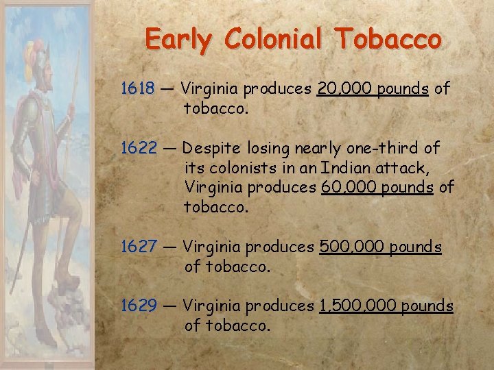 Early Colonial Tobacco 1618 — Virginia produces 20, 000 pounds of tobacco. 1622 — Early Colonial Tobacco 1618 — Virginia produces 20, 000 pounds of tobacco. 1622 —