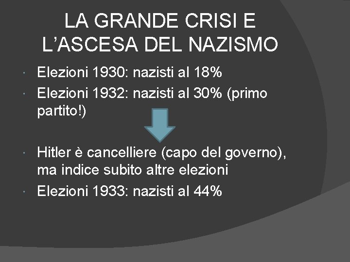 LA GRANDE CRISI E L’ASCESA DEL NAZISMO Elezioni 1930: nazisti al 18% Elezioni 1932: