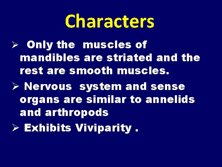 Characters Ø Only the muscles of mandibles are striated and the rest are smooth
