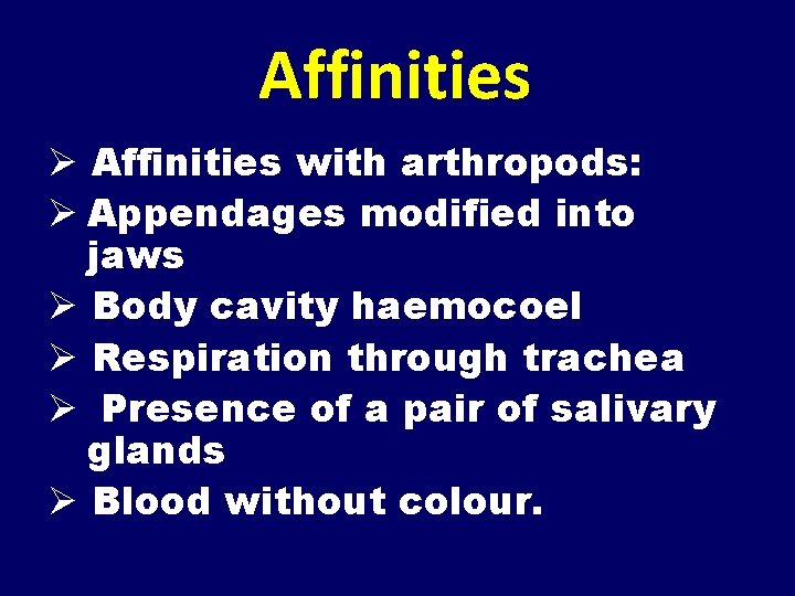 Affinities Ø Affinities with arthropods: Ø Appendages modified into jaws Ø Body cavity haemocoel