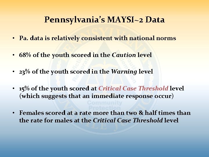 Pennsylvania’s MAYSI~2 Data • Pa. data is relatively consistent with national norms • 68%