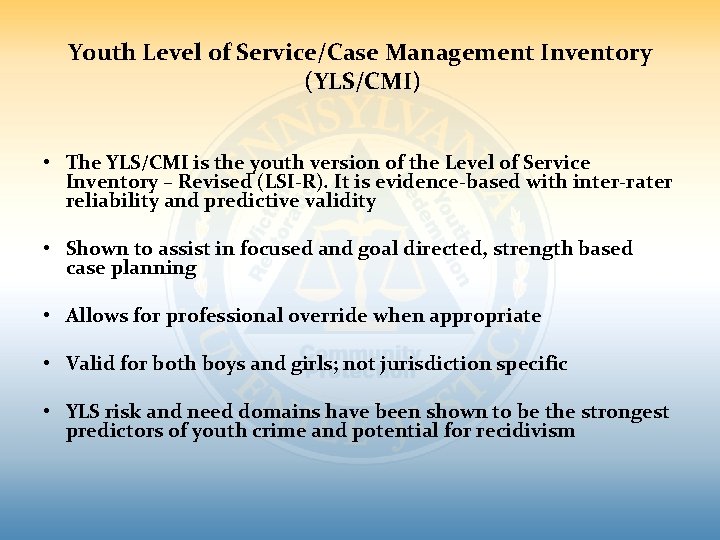 Youth Level of Service/Case Management Inventory (YLS/CMI) • The YLS/CMI is the youth version