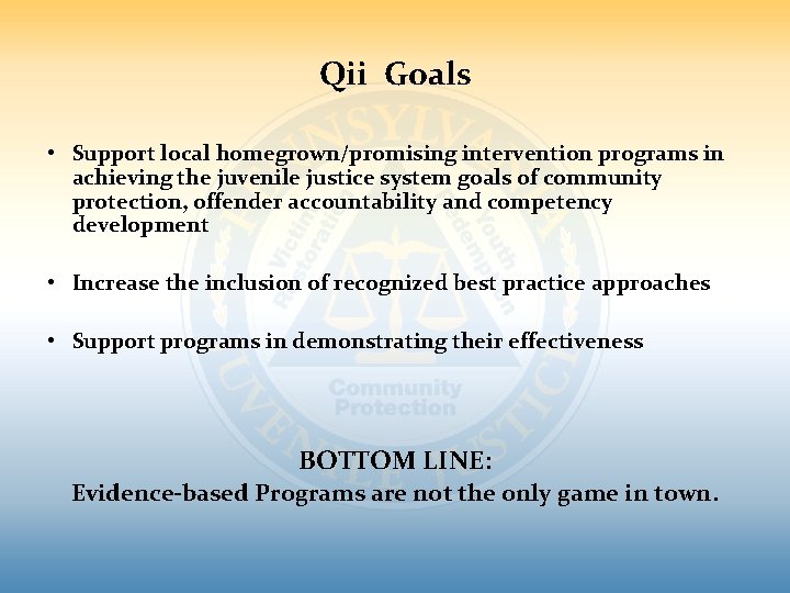 Qii Goals • Support local homegrown/promising intervention programs in achieving the juvenile justice system