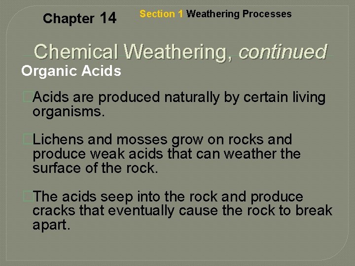 Chapter 14 Section 1 Weathering Processes Chemical Weathering, continued Organic Acids �Acids are produced