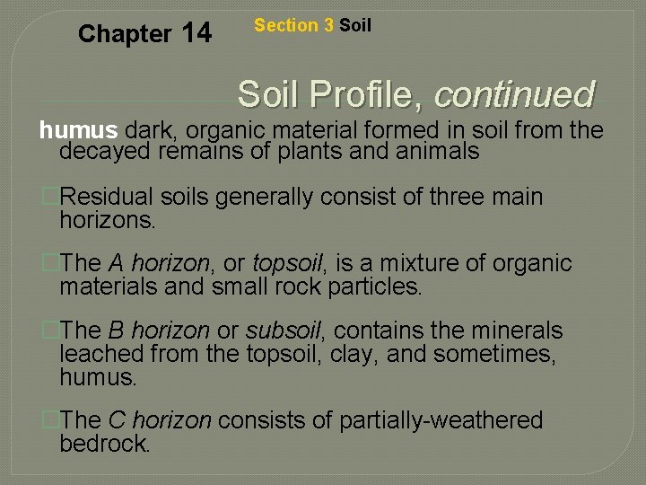 Chapter 14 Section 3 Soil Profile, continued humus dark, organic material formed in soil