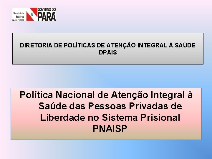 DIRETORIA DE POLÍTICAS DE ATENÇÃO INTEGRAL À SAÚDE DPAIS Política Nacional de Atenção Integral