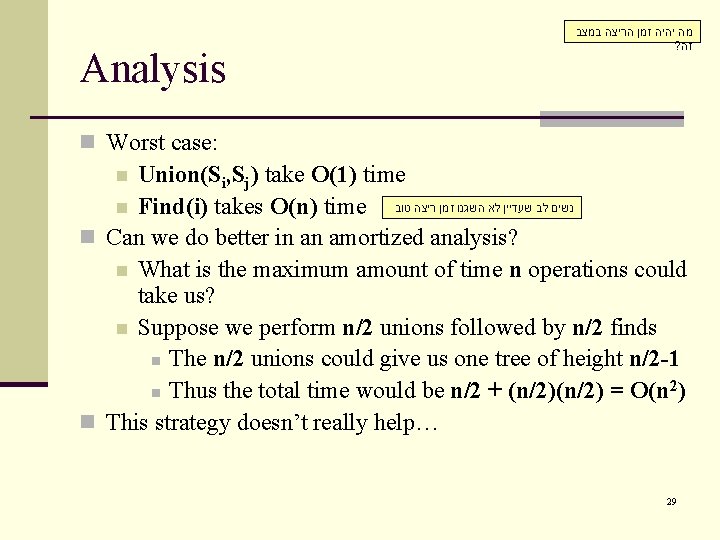 Analysis מה יהיה זמן הריצה במצב ? זה n Worst case: Union(Si, Sj) take