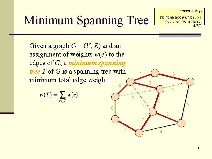 - עץ פורש מינימלי Minimum Spanning Tree Given a graph G = (V, E)