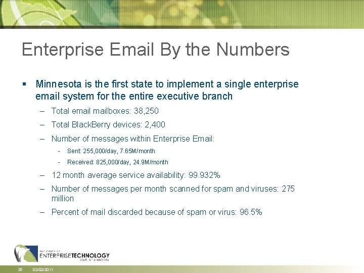 Enterprise Email By the Numbers § Minnesota is the first state to implement a Enterprise Email By the Numbers § Minnesota is the first state to implement a