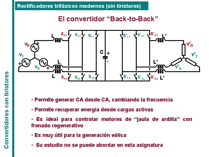 Rectificadores trifásicos modernos (sin tiristores) El convertidor “Back-to-Back” SR 1 L v. R SS Rectificadores trifásicos modernos (sin tiristores) El convertidor “Back-to-Back” SR 1 L v. R SS