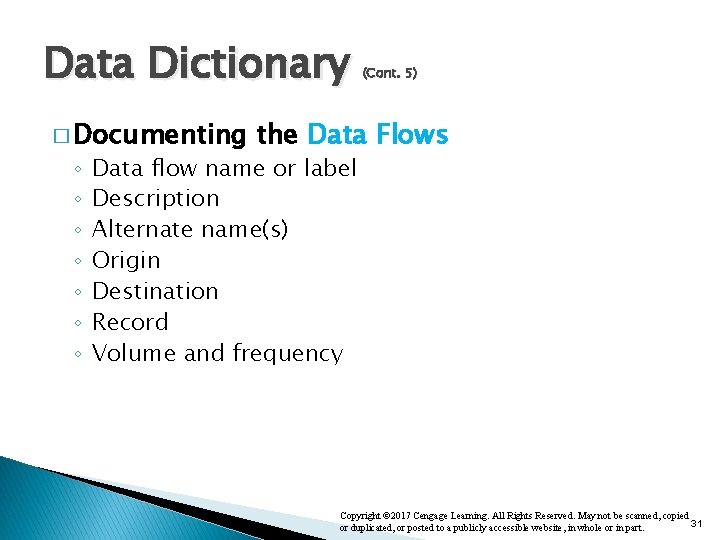 Data Dictionary � Documenting ◦ ◦ ◦ ◦ (Cont. 5) the Data Flows Data Data Dictionary � Documenting ◦ ◦ ◦ ◦ (Cont. 5) the Data Flows Data