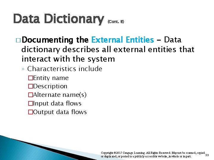 Data Dictionary (Cont. 8) � Documenting the External Entities - Data dictionary describes all Data Dictionary (Cont. 8) � Documenting the External Entities - Data dictionary describes all