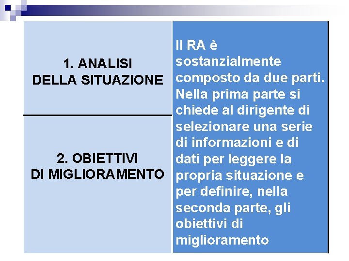 Il RA è sostanzialmente 1. ANALISI DELLA SITUAZIONE composto da due parti. Nella prima