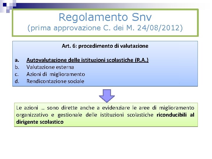 Regolamento Snv (prima approvazione C. dei M. 24/08/2012) Art. 6: procedimento di valutazione a.