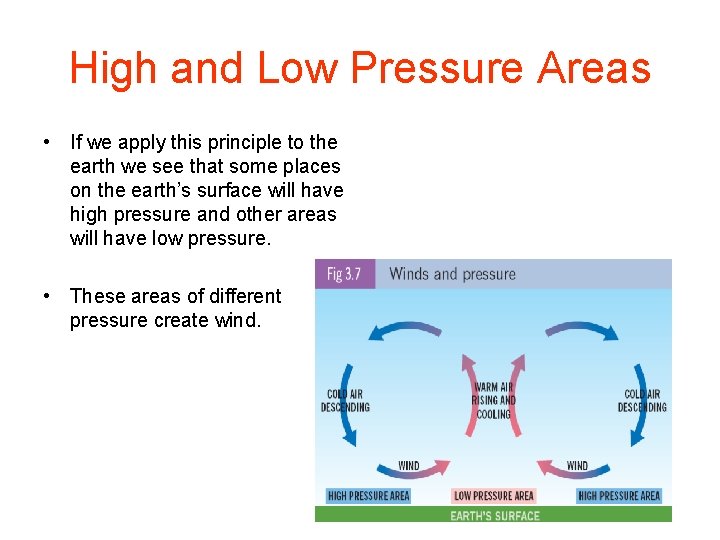 High and Low Pressure Areas • If we apply this principle to the earth