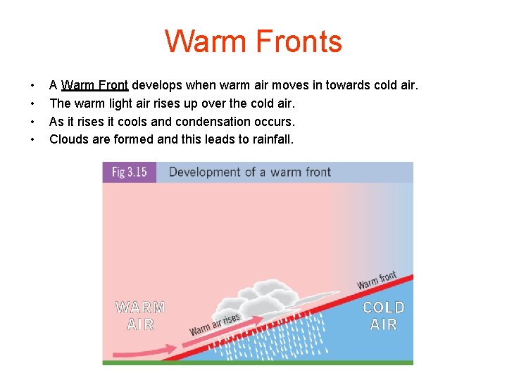 Warm Fronts • • A Warm Front develops when warm air moves in towards