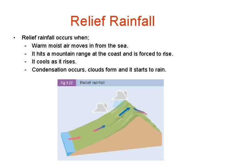 Relief Rainfall • Relief rainfall occurs when; - Warm moist air moves in from
