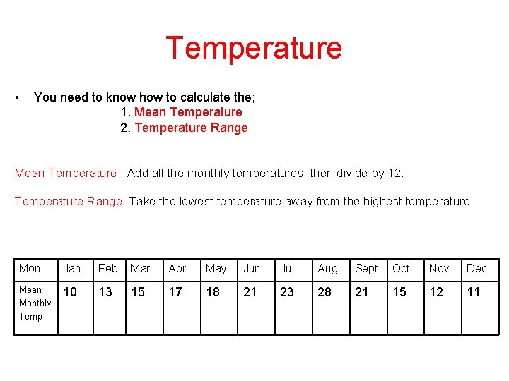 Temperature • You need to know how to calculate the; 1. Mean Temperature 2.