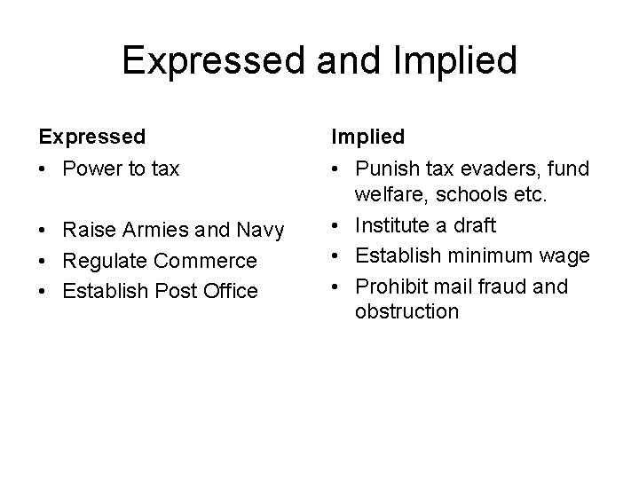 Expressed and Implied Expressed Implied • Power to tax • Punish tax evaders, fund